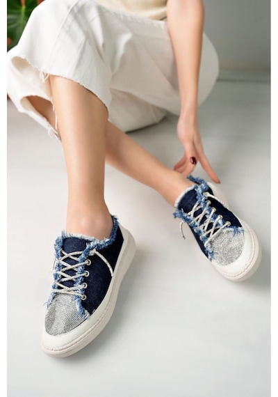 Craft Moda Neva Taşlı Düz Taban Kadın Kot Sneakers Lacivert