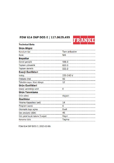 Franke FDW 614 D6P DOS E 6 Programlı 14 Kişilik Bulaşık Makinesi