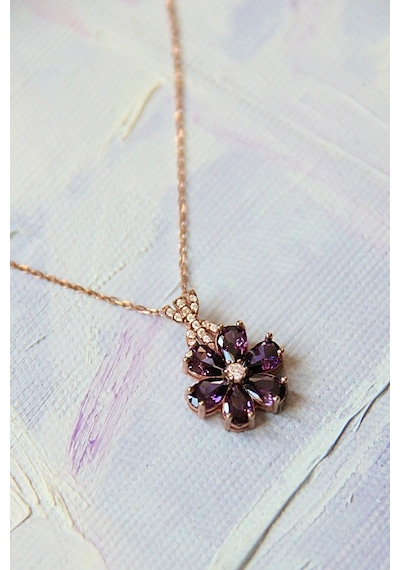925 Ayar Gümüş Mor Taşlı Rose Çiçek Kolye - 23167201 Rose Gold