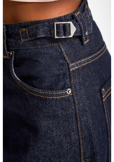 it's basic Kadın İndigo Renk Lotus 7w5-50 Baggy Fit İç Boy 83cm Kemer Detaylı %100 Koton Denim Jean