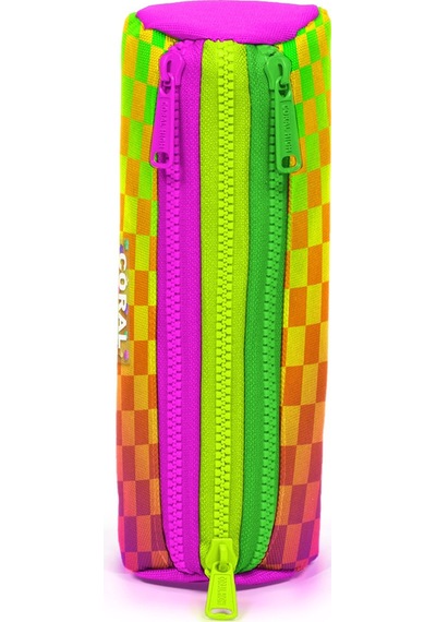Coral High Kids Neon Renkli Dama Desenli Üç Bölmeli Kalem Çantası 31003 Çok Renkli