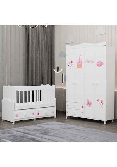 Elegant Beşik Ve Yıldız 4 Kapaklı Dolap- Prenses Beyaz