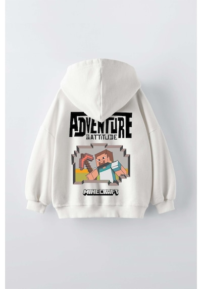 Erkek Çocuk Mınecraft Modelli Kol Manşetli Pamuk Kapşonlu Sweat Ekru