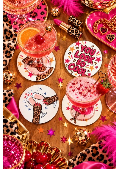 You Look So Cool, Wild Party Temalı 4 Lü Bardak Altlığı Set 9 Cm, 3 Mm Ahşap Mdf, Dijital Baskı - 926985224 Diğer