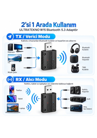 W15 Bluetooth 5.3 2'si 1 Arada Ses Alıcı Verici Rx Tx 3.5mm Aux Usb Adaptör Araç Tv Pc Hoparlör Kulaklık