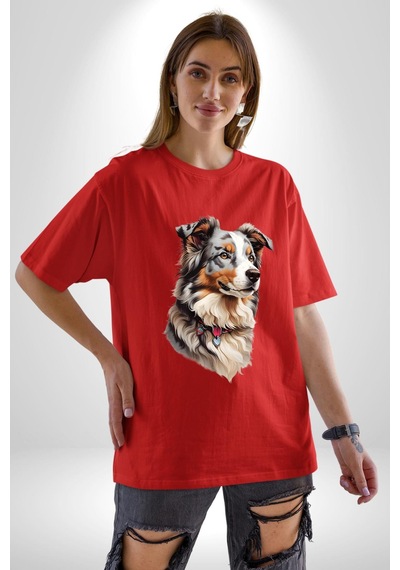 Australian Shepherd Köpek Pamuklu Bisiklet Yaka Unisex Oversize Boyfriend Dijital Baskılı Kırmızı T-shirt Kırmızı