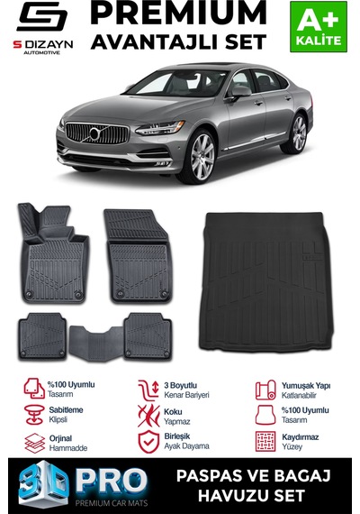 S-dizayn Volvo S90 3d Pro Paspas Ve Bagaj Havuzu Seti 2'li Set 2016 Üzeri A+ Kalite