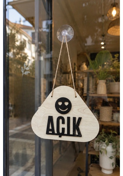 Ahşap Lazer Kesim Emoji Figürlü Açık-kapalı Tabelası - Akçaağaç