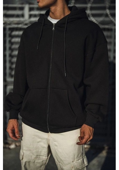 Efnaz Style Oversize Tam Fermuarlı Uzun Kol Hırka - Siyah