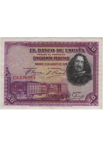 İspanya 50 Peseta 1928 Prado Müzesi Ve Velazquez Temalı. Çok Çok Temiz.