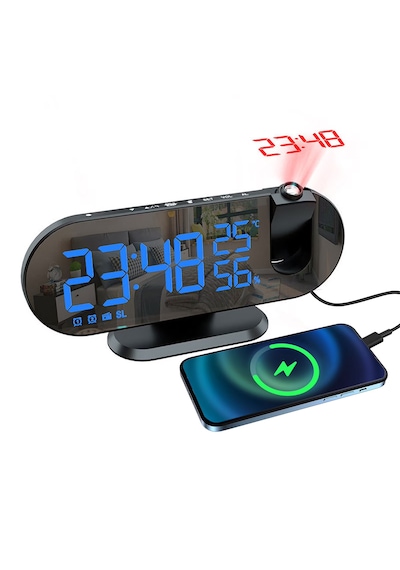 Çok Foksiyonlu Led Projeksiyonlu Dijital Alarm Saati Sıcaklık Nem Göstergeli Usb Şarj 180 Dönen Siyah