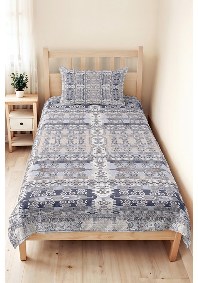 Geometrik Bohem Mavi Tek Kişilik Pike Takımı - Etnik Modern Gri 160x220 Cm Kapitone Yatak Örtüsü Lavantaımsı Kum Aralığı