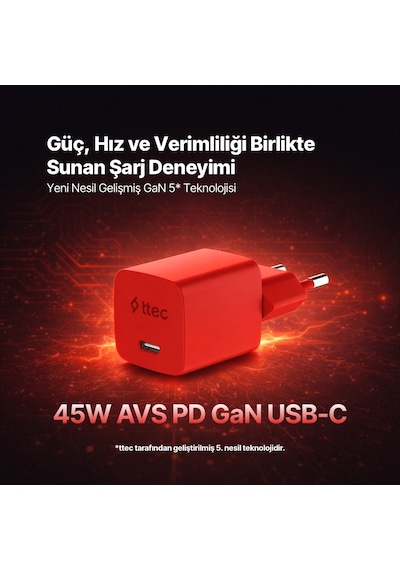 Ttec Smartcharger Gan 45W Avs PD Seyahat Hızlı Şarj Aleti + USB-C - USB-C 3A 120 CM Kablo Neon Kırmızı