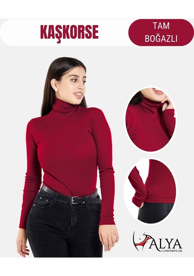 Alya Underwear Kaşkorse Tam Boğazlı Body Sweatshirt, Fitilli Kumaş, Likralı, Gül Kurusu Bordo