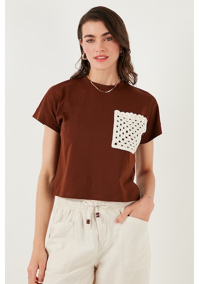 Lela Pamuklu Tek Cepli Regular Fit Bisiklet Yaka Bayan T Shirt 5865818 Kahve