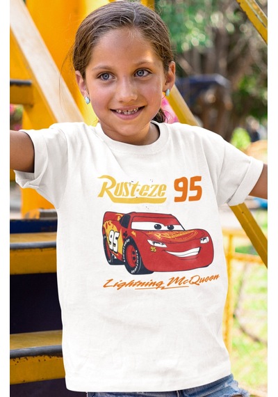 Sevbano Lightning Mcqueen Şimşek Arabalar Baskılı Unisex Çizgi Film Çocuk Beyaz