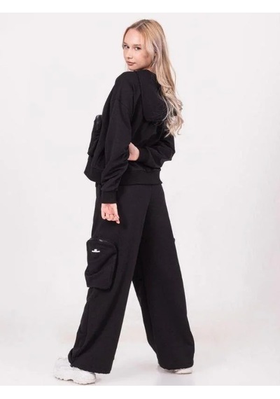 Kız Çocuk Pamuklu Fermuarlı Kapüşonlu Büyük Cepli Sweatshirt-13790 Siyah