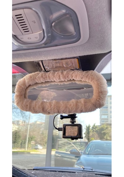 Peluş Dikiz Ayna Kılıfı Süs Bej