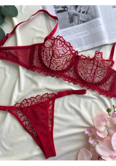 Noateks Kırmızı Yaprak Desenli Transparan Tül Ve Dantel Detaylı Bralet Takım Kırmızı