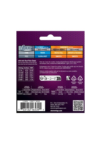 Elixir Akustik Bronz Nano Tel 012/053 3'lü Paket