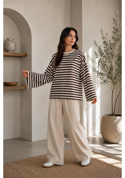 Herkesemoda Çizgili Waffle Kumaş Kadın Body Kahverengi