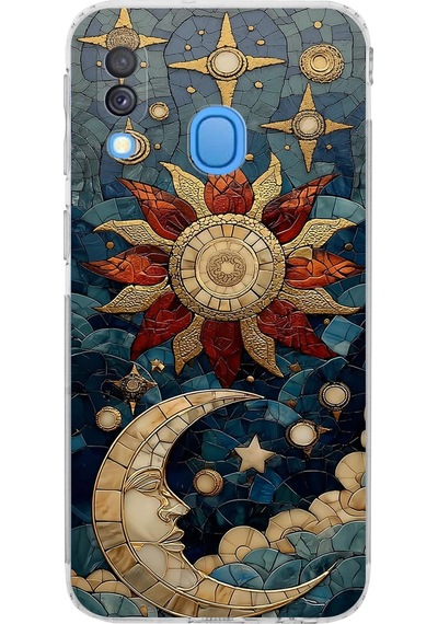 Printify Samsung Galaxy A40 İle Uyumlu Vitray Sol Ve Luna Tasarımlı Şeffaf Silikon Kılıf Şeffaf