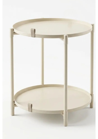 Çift Tepsili Katlanır Orta Yan Yuvarlak Sehpa Metal Ayak - Modern Sehpa 50cm 44 Cm Tepsi Deri Kulplu Krem