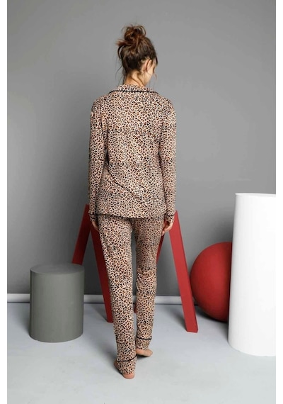 Siyah İnci Kadın Pamuklu Düğmeli Biyeli Pijama Takımı Leopar