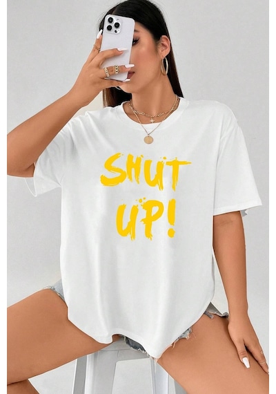 Unisex Shut Up Baskılı Tasarım T-shirt Beyaz