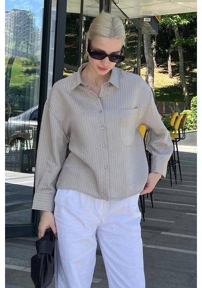Madmext Gri Çizgili Oversize Kadın Gömlek Mg2093-gri Gri