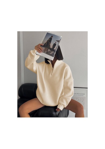 Butik İstanbul Yarım Fermuarlı Üç İplik Sweatshirt - Bej