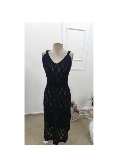 Butik İstanbul Kadın Askılı V Yakalı Uzun Triko Elbise Siyah