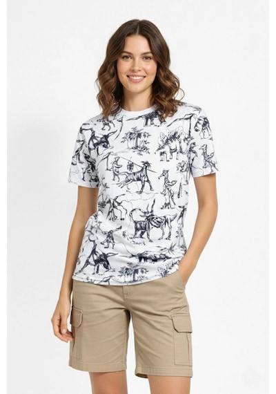 Wear Vexel Kadın Dinozor Dijıtal Ön Ve Arka Baskılı Tişört Bisiklet Yaka T-shirt - Beyaz Beyaz