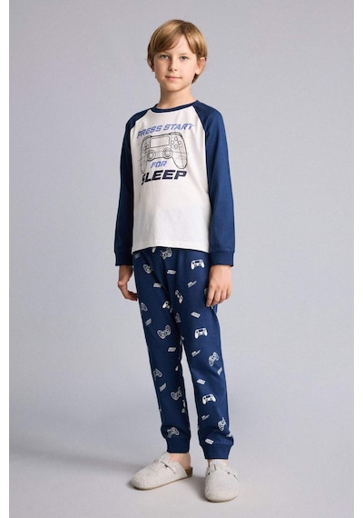 Defacto Baskılı Uzun Kollu Pijama Üstü Uzun Pijama Altı 2li Pijama Takımı Erkek Çocuk H6664a826aunv147 Lacivert-nv147