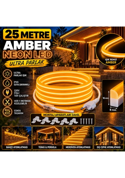 25 Metre 220v Amber Neon Led 8x16 Mm Ultra Parlak Ip65 Suya Dayanıklı Fişli Tak Çalıştır