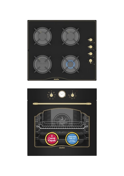 Simfer 8 Fonksiyon Retro Siyah Multi Turbo 2'li Ankastre Set (7349 Fırın + 3325 Ocak)
