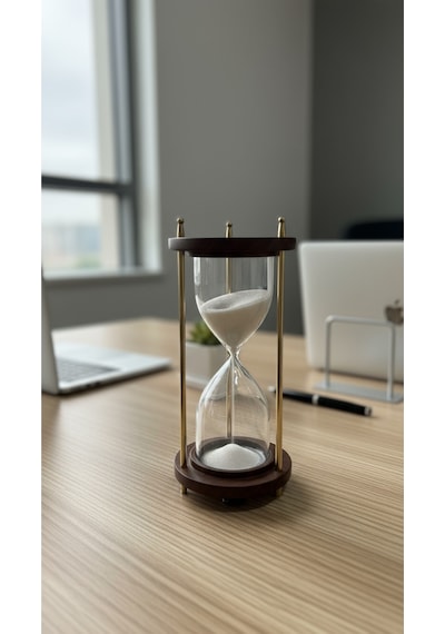 Ahşap Kaideli Dekoratif Kum Saati 14 Cm Beyaz Kumlu Altın Rengi Metal Lüks Vintage Ofis Hediyelik