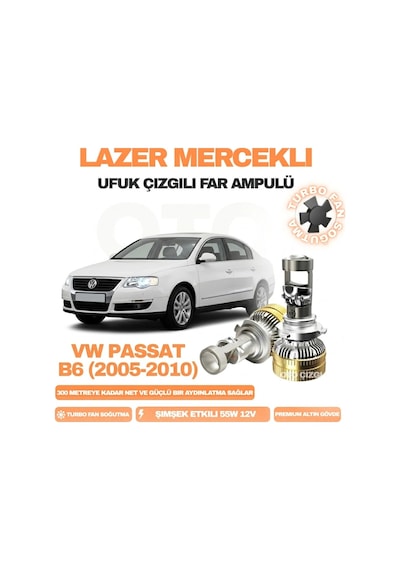 Volkswagen Passat B6 2005 - 2010 Kısa Ve Uzun Far Uyumlu Mercek Led Ufuk Çizgili Far Ampulü Led Şimşek Etkili