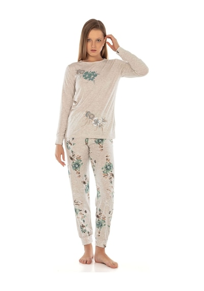 Vishenka Kadın Kahve Melanj Viskon Likralı Baskılı Pijama Takımı Beyaz