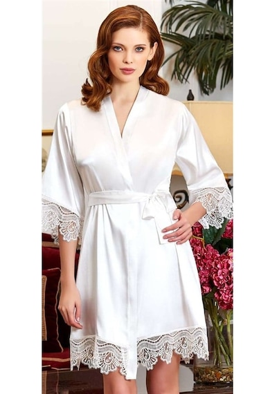 Jeremi 3213 Çeyizlik İpek Saten Dantelli Bride Sabahlık - Krem Krem