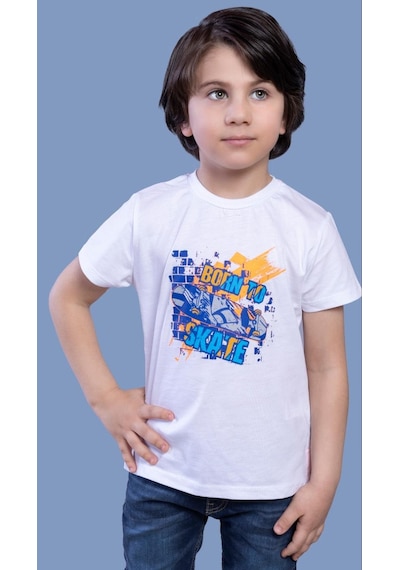 Toontoy Kids Toontoy Erkek Çocuk Baskılı Bisiklet Yaka Kısa Kollu Tişört Beyaz