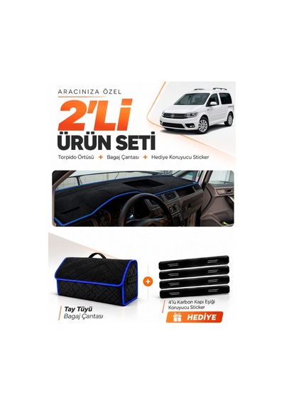 Volkswagen Caddy 2015-2019 Uyumlu Torpido Örtüsü + Tay Tüyü Bagaj Çantası + Sticker - Siyah Mavi
