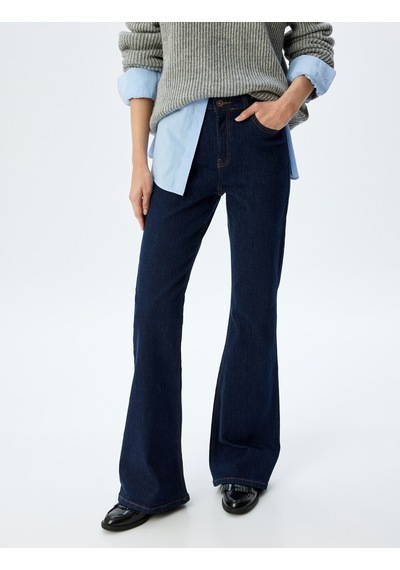 Koton İspanyol Paça Normal Bel Skinny Fit Düğmeli Kot Pantolon - Flare Jean Koyu İndigo 5wal40189md Dark Indigo İndigo