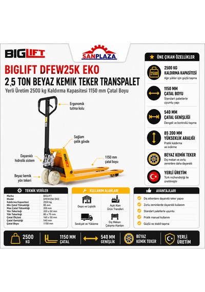 Biglift Dfew25k 2,5 Ton Beyaz Kemik Teker Manuel Transpalet Çatal Boyu 115x54 Cm