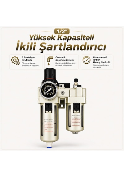 Otomatik Boşaltmalı İkili Hava Şartlandırıcı Kompresör Filtre Regülatör Yağlayıcı Manometreli Frl