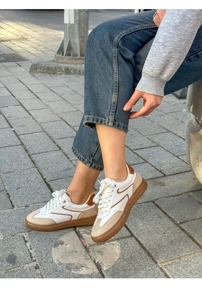 Erva'nın Butiği Beyaz Bej Cilt Wins Bağcıklı Kadın Sneakers-5690 Beyaz Cilt