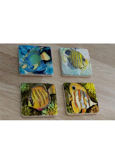 Renkli Balıklar Doğal Taş Bardak Altlığı 4'lü Set - Natural Stone Coasters - Taş Çok Renkli