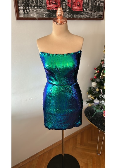Chica Rosa Fashion Yeşil Pullu Straplez Mini Elbise Yeşil