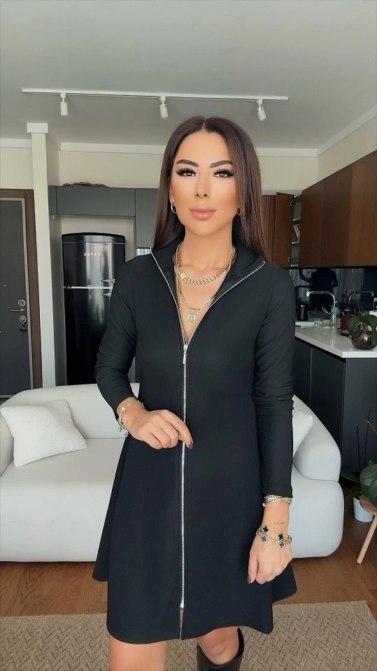 Hazego Kadın Uzun Kollu Hakim Yaka Ayarlanabilir Fermuar Dekolteli Mini Elbise Siyah