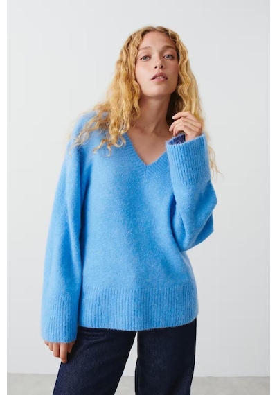 Madmext Mavi V Yaka Oversize Kadın Triko Kazak Mg2149-mavi Mavi
